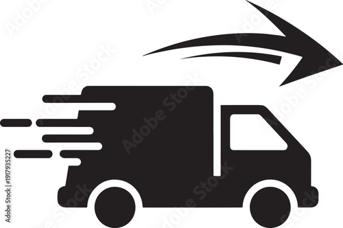 Delivery truck driving fast with motion lines and arrow  transportation icon