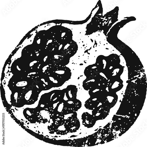 Pomegranate fruit cut open showing seeds and sections black ink illustration vintage