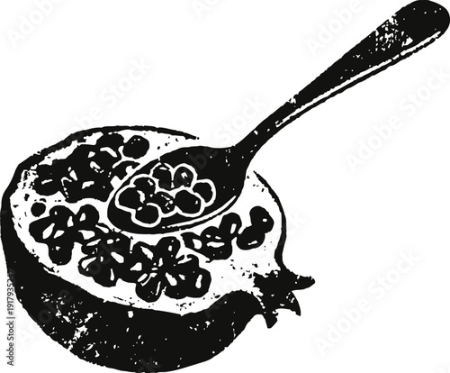 Half pomegranate with seeds and spoon vintage hand drawn illustration black and white
