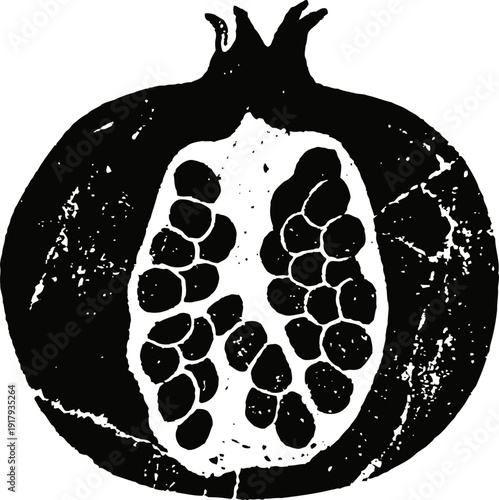 Black and white pomegranate silhouette with seeds inside vintage fruit illustration with grainy textured effect