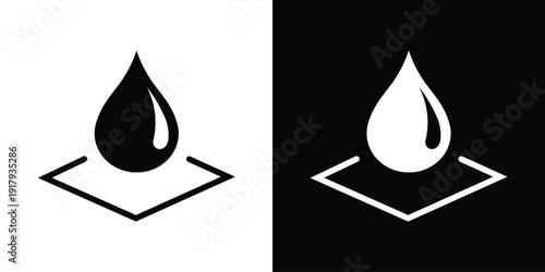 Water droplet falling onto stacked material layers. Vector icon illustrating waterproof fabric, absorbent textile technology, or multi-layer protection. Black and white technical sign.