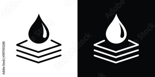 Water droplet falling onto stacked material layers. Vector icon illustrating waterproof fabric, absorbent textile technology, or multi-layer protection. Black and white technical sign.