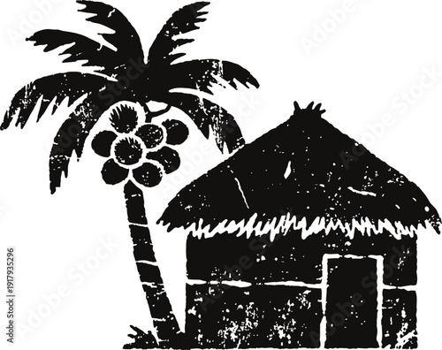 Rustic tropical hut with palm tree and coconuts silhouette with textured effect