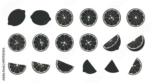 Lemon and lime fruit silhouette icon collection. Includes whole fruit, half slices, and quarter slices. Created in flat black and white style with solid fill.