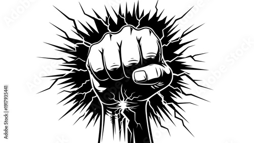 Fist Raised in Power, Energy Burst, Revolution Concept, Black and White