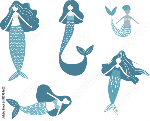Mermaid set featuring different designs in various poses and styles with aquatic themes to inspire creativity and imagination