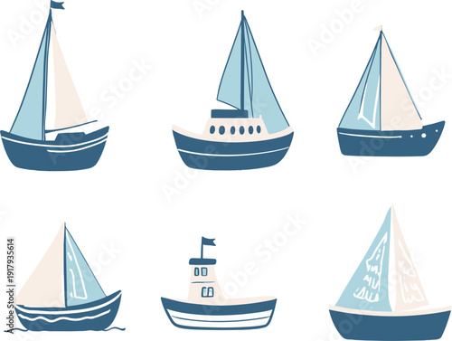 Collection of ships sailing on water in various sizes and styles