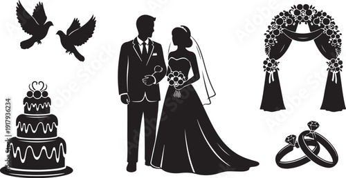 Wedding icons and silhouettes for celebration and love