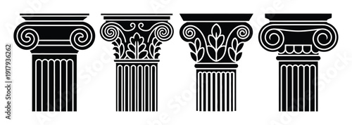 Collection of Four Black and White Classical Column Capitals and Shafts