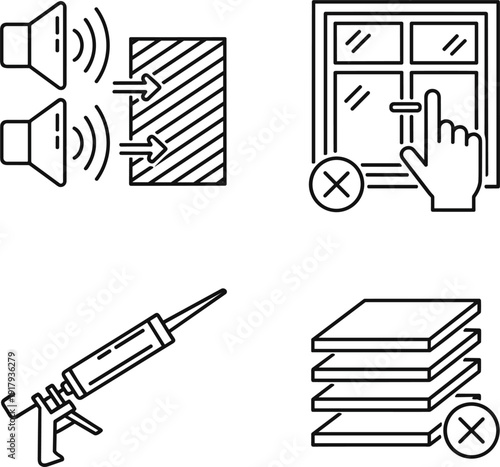 Soundproof window and construction tool icon set isolated on white background vector illustration
