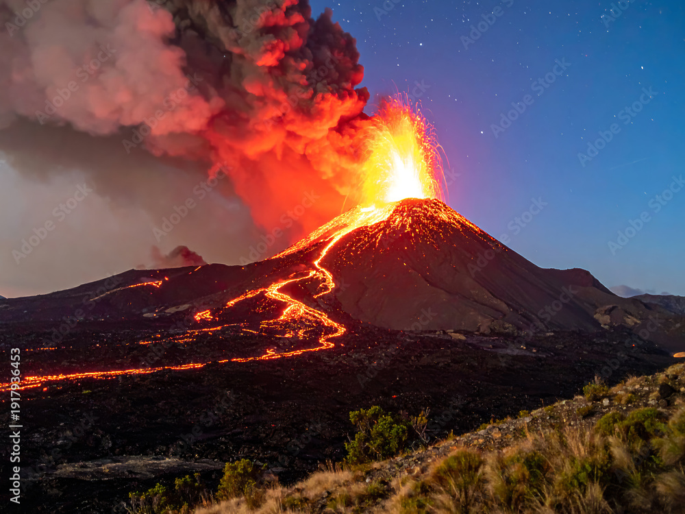 Fototapeta premium 火柱を上げる噴火中の火山と流れる溶岩