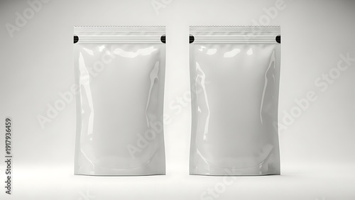White Foil Pouches with Ziplock Closure on Gray Background, Packaging Design Template