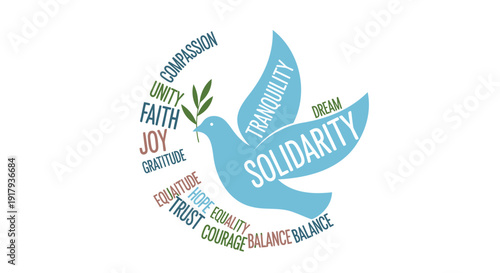 Peace dove icon with solidarity message, unity and compassion words. Created in colorful vector style with blue and green palette.
