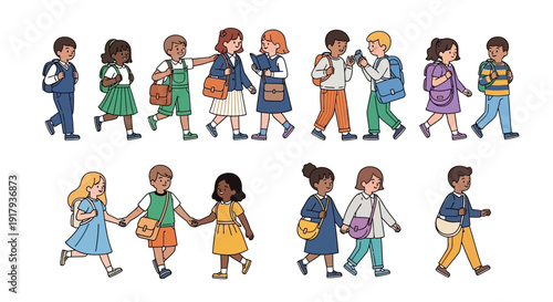 Group of diverse elementary school children walking together carrying backpacks and satchels