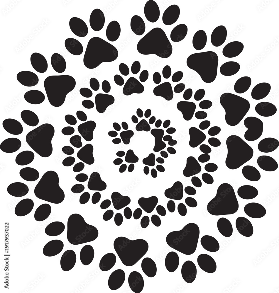 Fototapeta premium Spiral Pattern of Black Animal Paw Prints Design