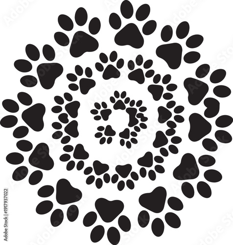 Spiral Pattern of Black Animal Paw Prints Design