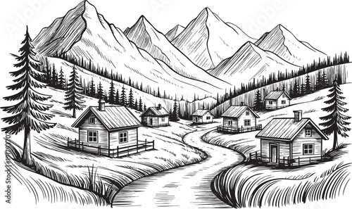 Line art of mountain village landscape with houses and pine trees
