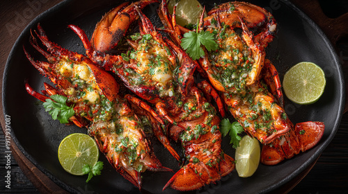 Grilled lobster halves with garlic butter, herbs, and lime slices