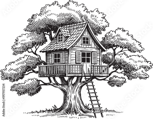 Black and white drawing of a cozy treehouse with a ladder