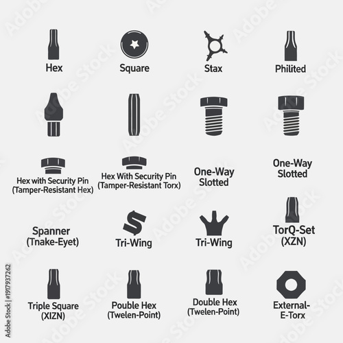 Screw head and screwdriver bit types glyph icon collection. Includes hex, square, stax, phillips, one-way slotted, spanner, tri-wing, torq-set, triple square, double hex