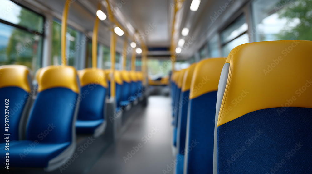 Fototapeta premium Clean interior perspective of empty school bus seating aligned in balanced symmetry, centered aisle creating strong leading lines, gentle overcast natural light diffusing softly th