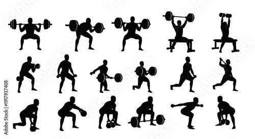 Weightlifting and strength training exercise icon collection. Includes squats, deadlifts, bench press, lunges, and kettlebell swings symbols. Created in solid black silhouette style with white