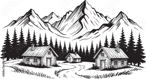 Cabin retreat in nature with mountain and forest black and white sketch.