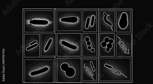 Bacteria and virus outline icon collection. Includes various shapes of microorganisms, germs, cells, and pathogens. Created in a glowing white outline style with a dark black background.