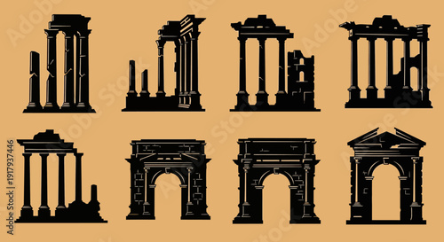 Ancient Roman ruins silhouette collection. Includes 8 crumbling columns, temples, and triumphal arches. Created in a flat vector style with a dark brown monochrome palette.