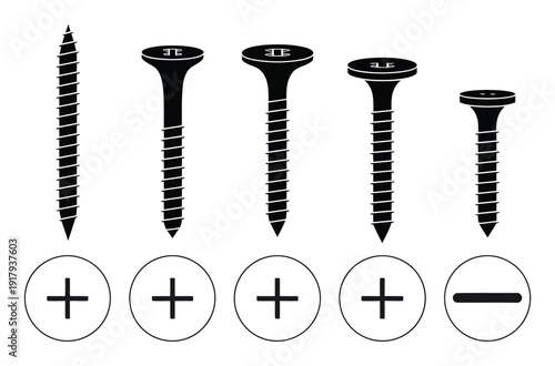 Five Screws with Plus and Minus Symbols Indicating Drive Types