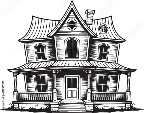 Monochrome illustration of a haunted house with a spooky architectural style.