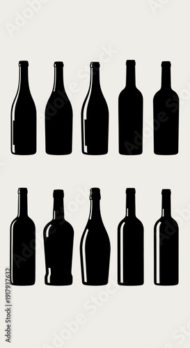 Ten black silhouette vector bottles for wine, champagne, and spirits. Includes various shapes for alcoholic beverages, isolated on a light beige background.