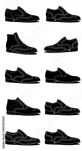 Men's dress shoe collection. Includes oxford, derby, brogue, monk strap, and loafer styles. Created in solid black silhouette vector style with white stitching details.