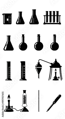 Science laboratory equipment glyph icon collection. Includes beakers, flasks, test tubes, graduated cylinders, distillation apparatus, Bunsen burner