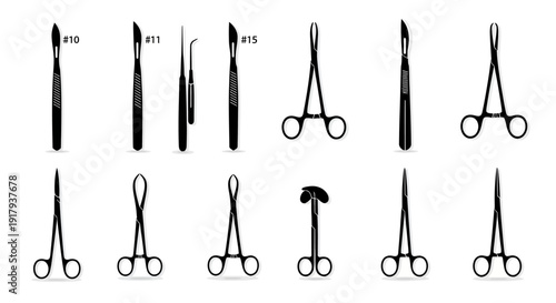 Medical surgical instruments vector collection. Includes scalpels, forceps, clamps, and scissors for various medical procedures. Created in realistic black and white style with metallic finish.