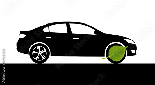 Black sedan car silhouette with a green leaf replacing the front wheel, symbolizing eco-friendly transportation and sustainable energy.