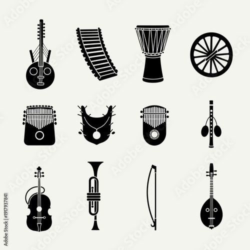 Traditional African musical instruments icon collection. Includes kora, balafon, djembe, kalimba, shekere, flute, cello, trumpet, bow, and oud symbols. Created in solid black silhouette style