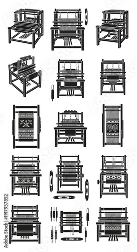 Textile loom machine vector icon collection. Includes weaving, thread, fabric, yarn, craft, handmade, and traditional manufacturing symbols. Created in black and white line art style with