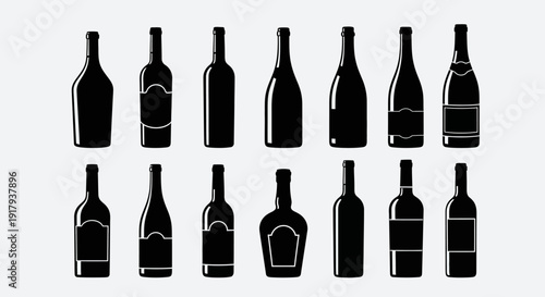 Alcohol bottle silhouette icon collection. Includes wine, champagne, liquor, beer, and spirits bottle shapes. Created in solid black vector style with a monochrome palette.