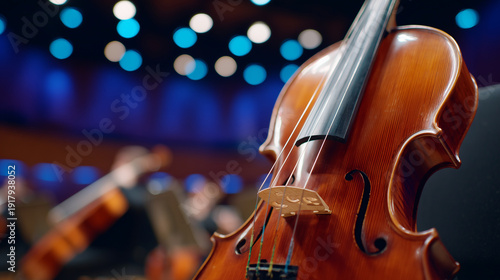 Close-up of an orchestral violin viewed from the body upward toward the fingerboard, other instruments like a cello and flute softly blurred in the background, strong perspective r