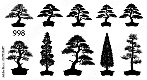 Bonsai tree silhouette vector collection. Includes traditional Japanese art, miniature trees, and various potted plant shapes. Created in detailed black and white style with solid fill.