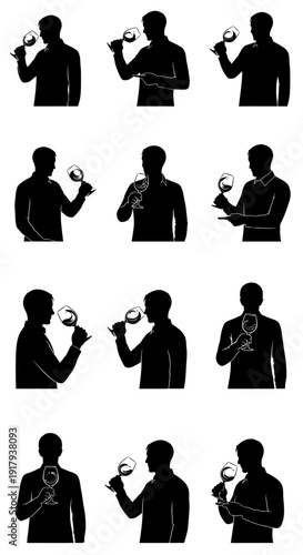 Wine tasting silhouette icon collection. Includes men holding wine glasses, smelling, swirling, and drinking wine symbols. Created in solid black vector style with a monochrome palette.