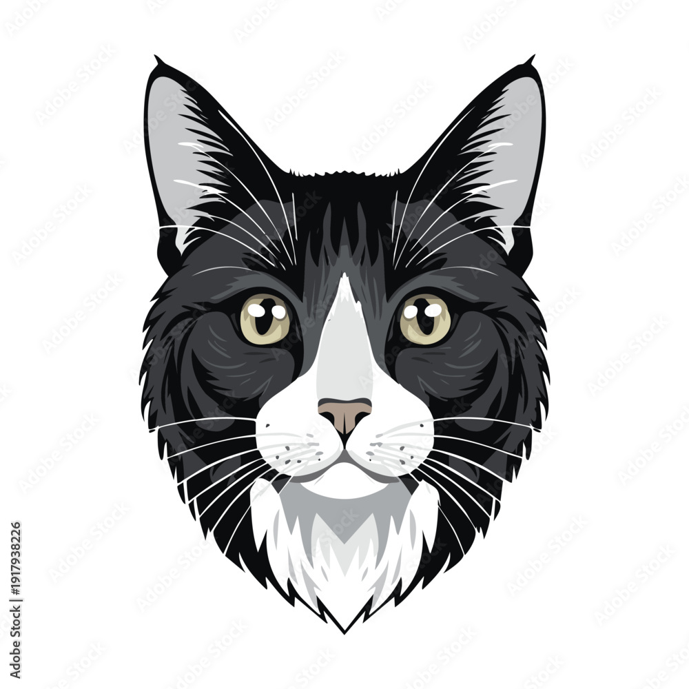 Obraz premium A cute black and white cartoon cat vector illustration featuring a funny domestic kitten with expressive eyes and a long tail in a clean feline art design