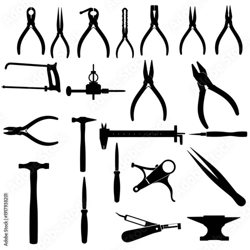 Jewelry making tools silhouette collection. Includes various pliers, hammers, saws, calipers, tweezers, and an anvil. Created in solid black vector style with a monochromatic palette.