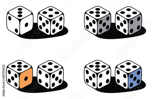 Four pairs of dice, each showing different numbers and colors