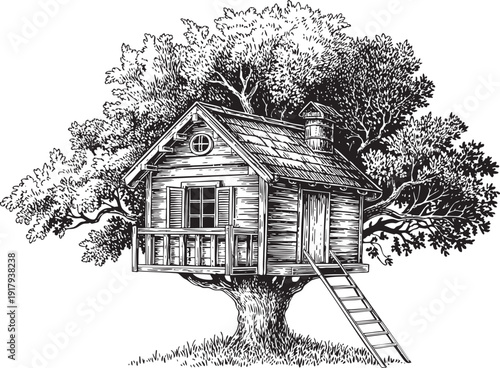 Detailed sketch of a treehouse with ladder and full tree canopy.