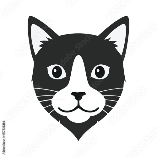 Cute cartoon illustration of a smiling black cat face with funny eyes, a domestic kitty character design perfect for a pet love or Valentine vector art drawing