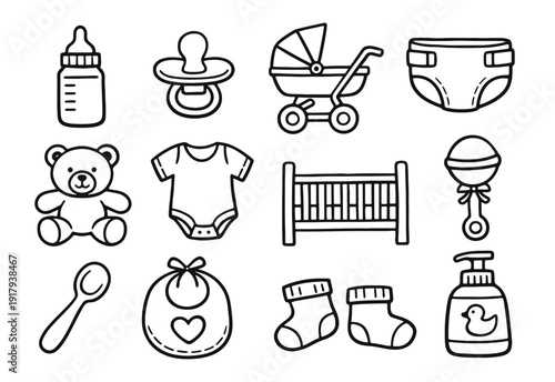 Hand Drawn Baby Care and Nursery Items Icons Set. Doodle Newborn Essentials Vector Collection. Outline Infant Accessories.