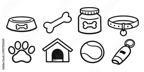 Hand Drawn Pet Supplies and Accessories Icons Set. Dog Care Doodle Outline Vector Collection. Animal Essentials.