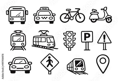 Hand Drawn City Transportation and Traffic Sign Icons Set. Urban Transit Doodle Vector Collection. Road and Public Transport.